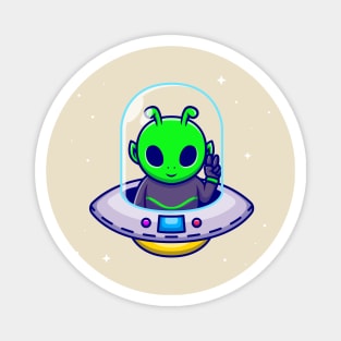 Cute Alien With Peace Hand In Spaceship UFO Cartoon Magnet